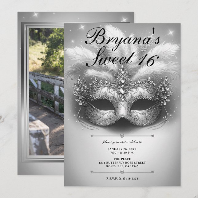 Silver Masquerade Sweet 16 Photo Birthday Invitation (Front/Back)