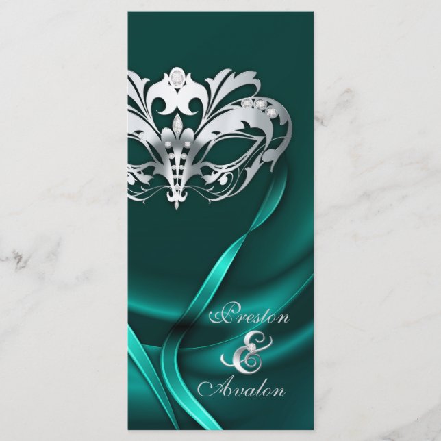 Silver Masquerade Teal Jewelled Wedding Program Programme (Front)