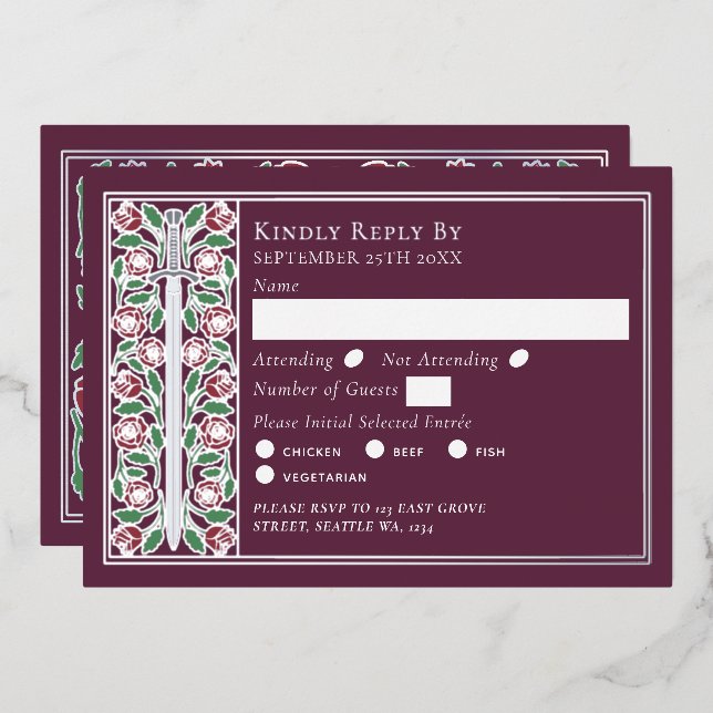 Silver Mauve Mediaeval Floral Sword Wedding RSVP (Front/Back)