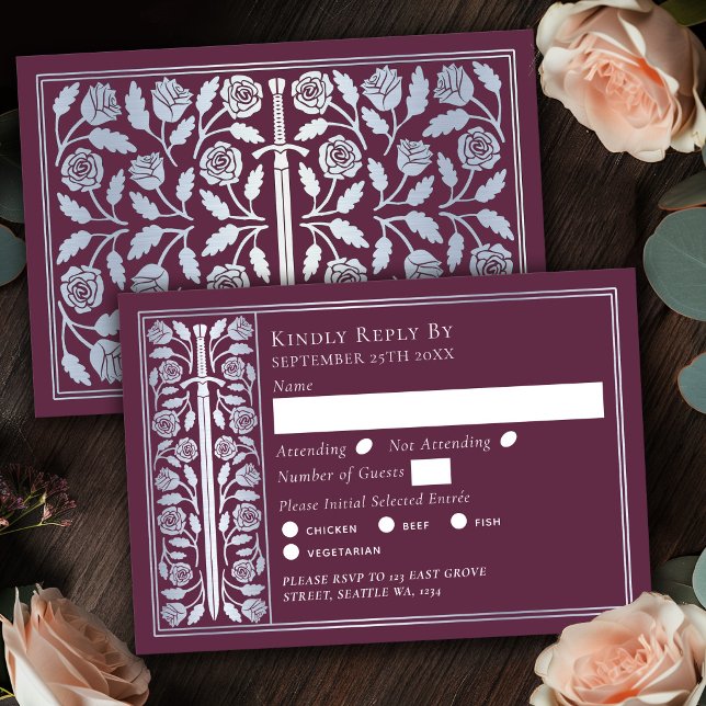 Silver Mauve Mediaeval Sword Wedding RSVP Card (Creator Uploaded)
