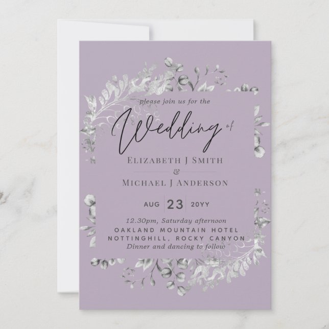 Silver Mauve Purple Botanical Leaf Wedding Budget (Front)