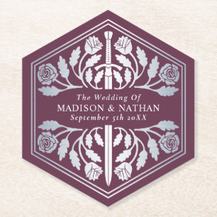 Silver Mauve Royal Mediaeval Sword Wedding Paper Coaster
