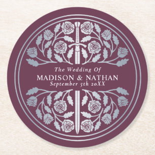 Silver Mauve Royal Mediaeval Sword Wedding Round Paper Coaster