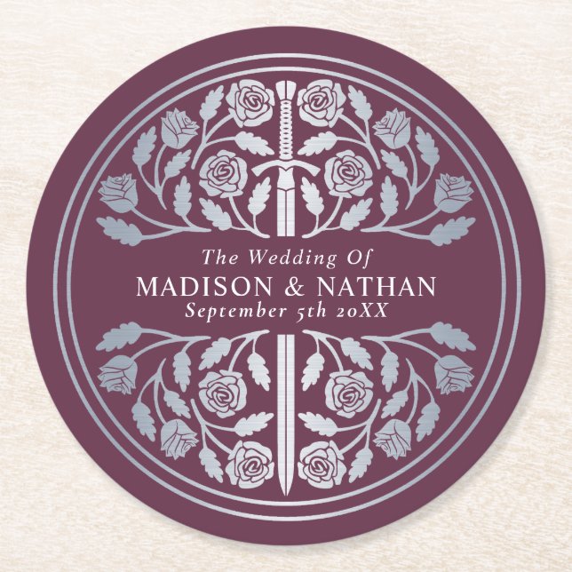 Silver Mauve Royal Mediaeval Sword Wedding Round Paper Coaster (Front)