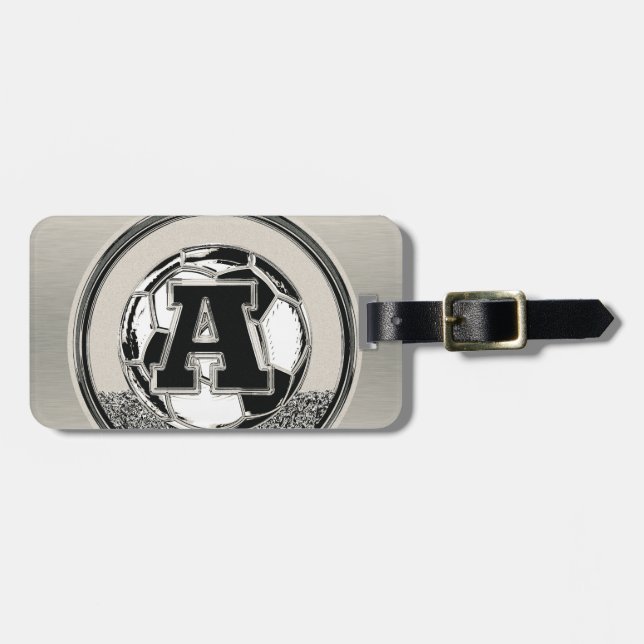 Silver Medal Soccer Monogram Letter A Luggage Tag (Front Horizontal)