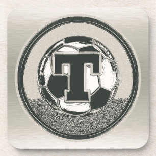Silver Medal Soccer Monogram Letter T Coaster