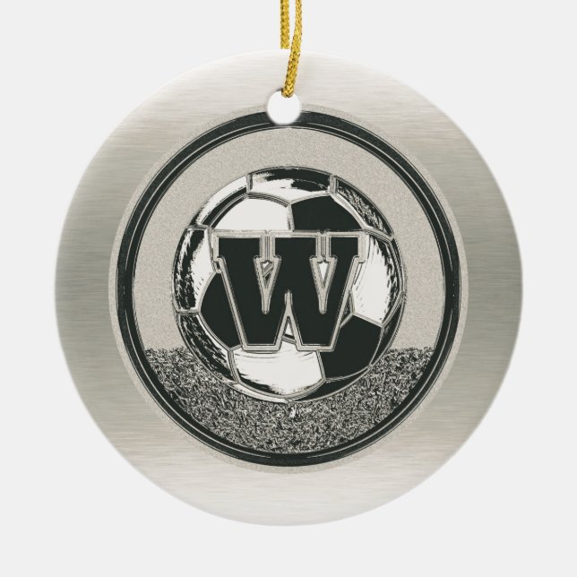 Silver Medal Soccer Monogram Letter W Ceramic Tree Decoration (Front)