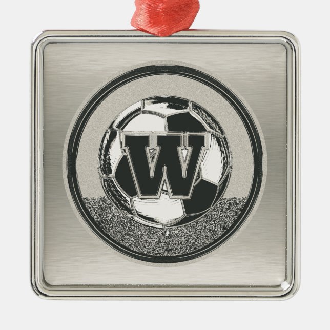 Silver Medal Soccer Monogram Letter W Metal Tree Decoration (Front)