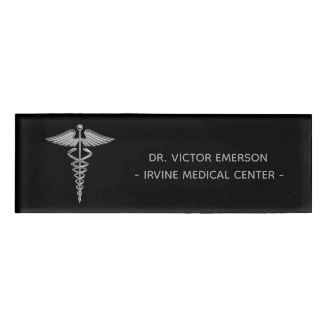 Silver Medical Caduceus Black Personalised Name Tag (Front)