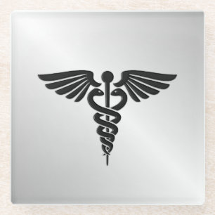 Silver Medical Caduceus Glass Coaster