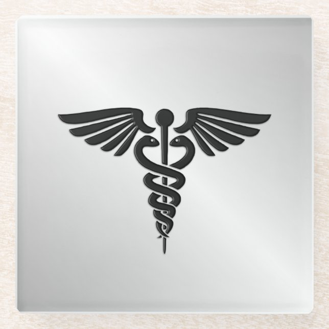 Silver Medical Caduceus Glass Coaster (Front)