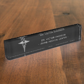 Silver Medical Caduceus on Black Personalised Nameplate