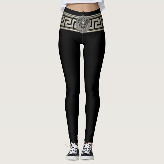 Silver Medusa and Greek Key on Black Leggings (Front)