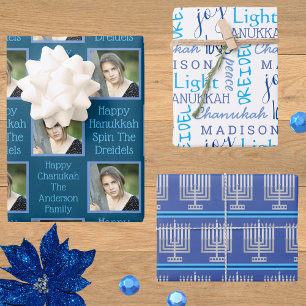 Silver Menorah Typography Photo Blue Hanukkah Wrapping Paper Sheet