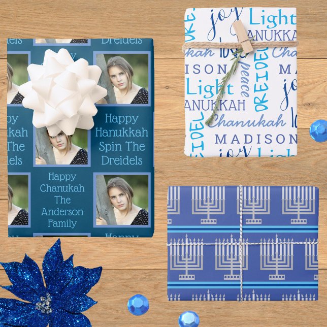 Silver Menorah Typography Photo Blue Hanukkah Wrapping Paper Sheet (Creator Uploaded)