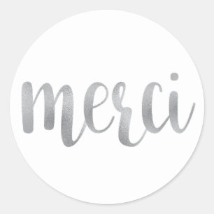 Silver merci stickers, thank you, foil font classic round sticker