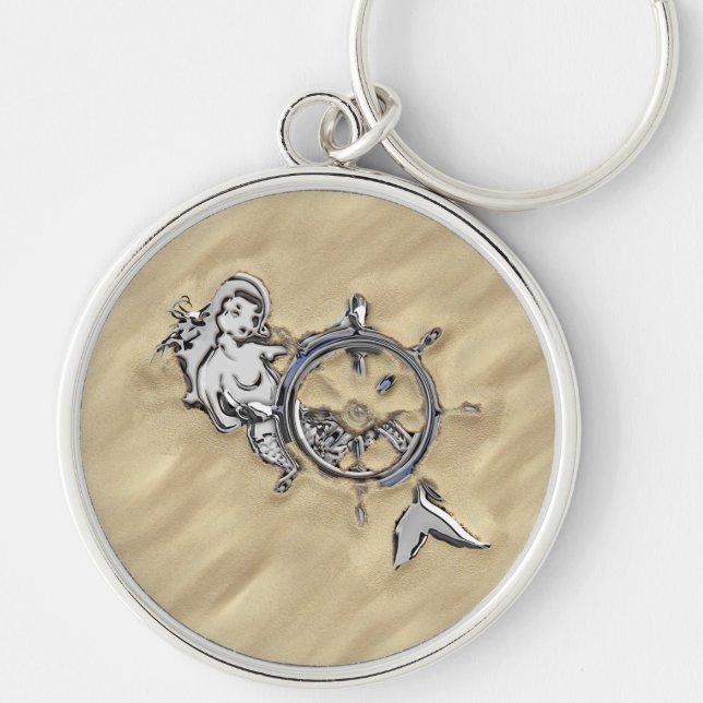 Silver Mermaid in the Sand Decor Key Ring (Front)