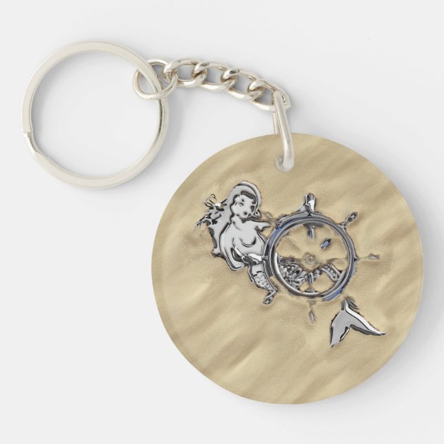 Silver Mermaid in the Sand Decor Key Ring (Front)