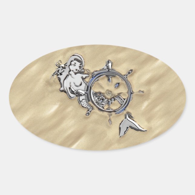 Silver Mermaid in the Sand Oval Sticker (Front)