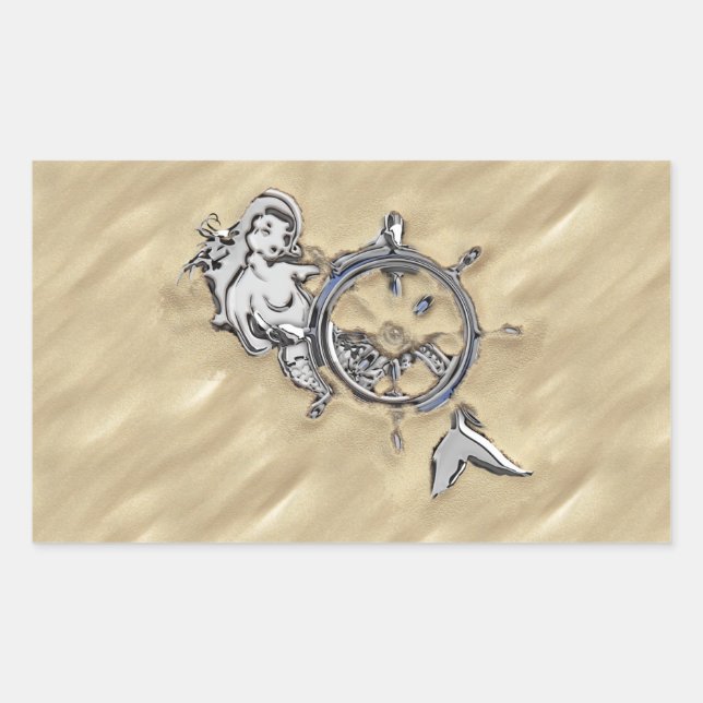 Silver Mermaid in the Sand Rectangular Sticker (Front)