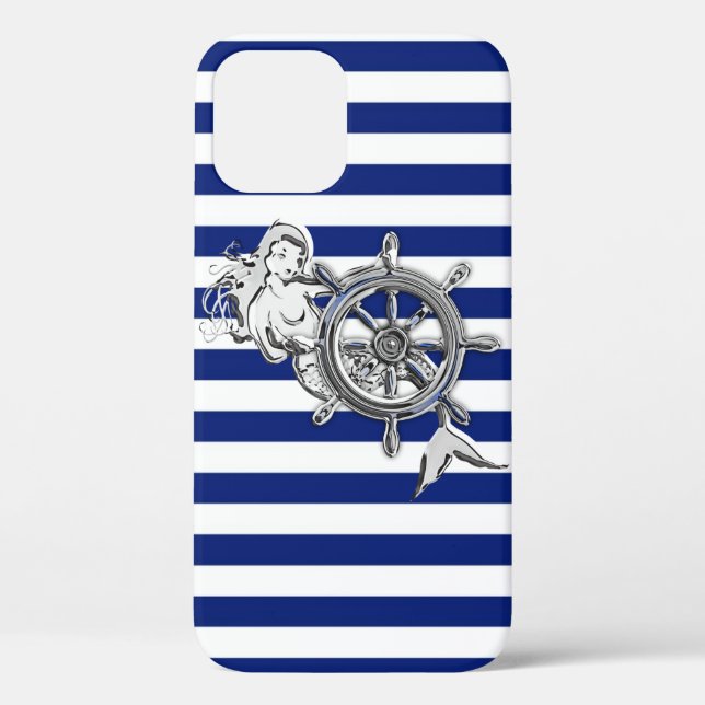 Silver Mermaid on Nautical Stripes Case-Mate iPhone Case (Back)