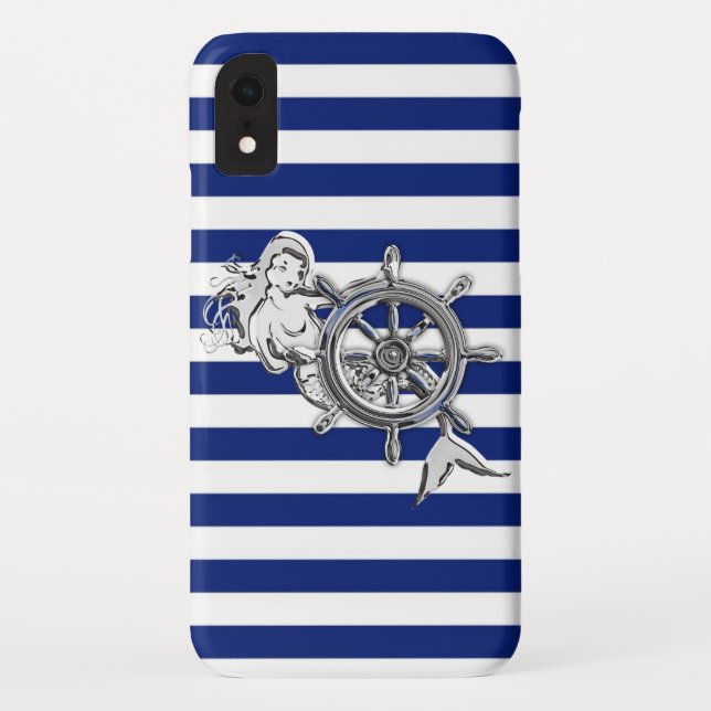 Silver Mermaid on Nautical Stripes Case-Mate iPhone Case (Back)