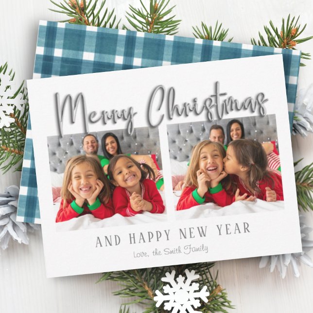 Silver Merry Christmas Bubble Letters Blue Plaid Holiday Card (Creator Uploaded)