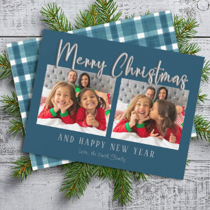 Silver Merry Christmas Bubble Letters Plaid Photo Holiday Card