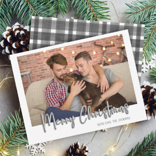 Silver Merry Christmas Bubble Letters Plaid White Holiday Card