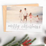 Silver Merry Christmas Glitter Look Photo Holiday<br><div class="desc">These classic,  simple Christmas cards feature a photo and glitter look "merry christmas" in calligraphy script. Personalised with your own family name. The back of these cards features a glittery stripe design.</div>