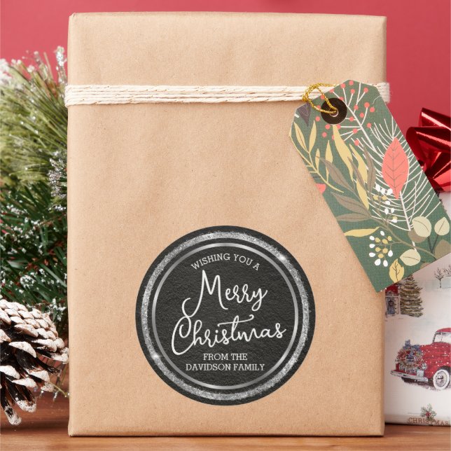 Silver Merry Christmas Personalised Classic Round Sticker (Holiday)