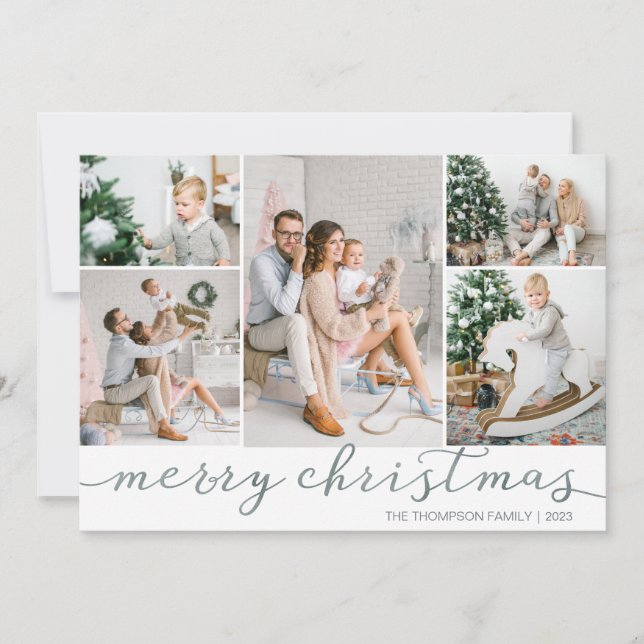 Silver Merry Christmas Photo Card Five Pictures (Front)