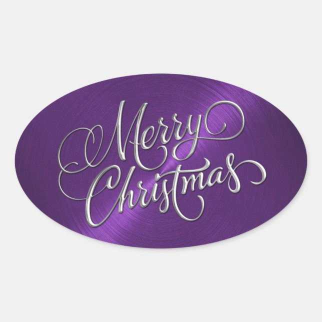 Silver Merry Christmas Purple Embossed Look Oval Sticker (Front)