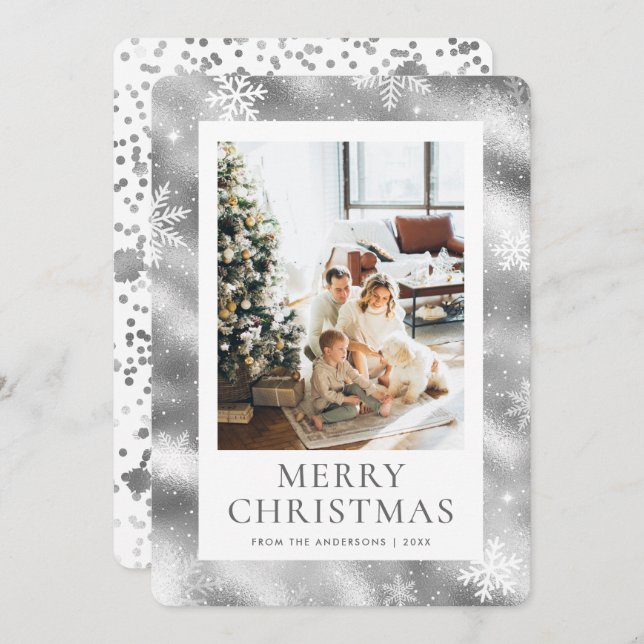 Silver Merry Christmas Snowflake Snow Photo Holiday Card (Front/Back)