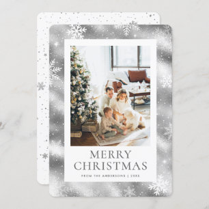 Silver Merry Christmas Snowflake Snow Photo Holiday Card