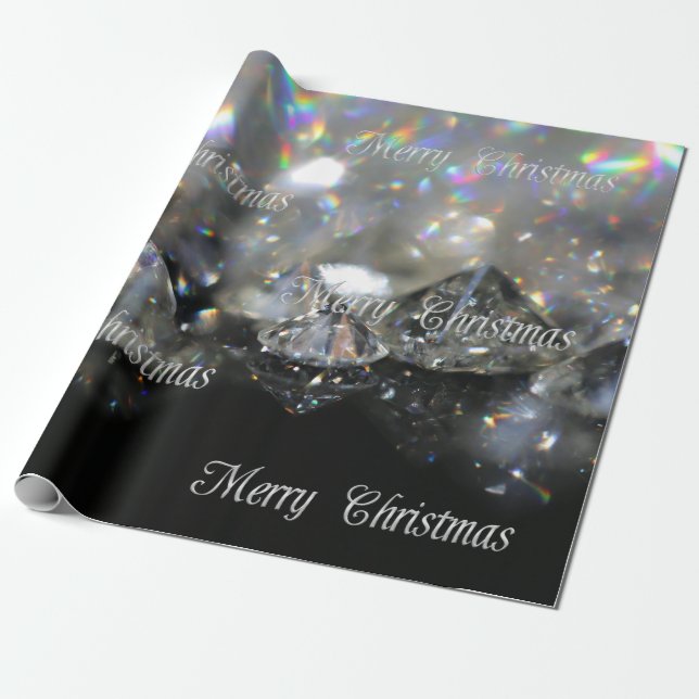Silver Merry Christmas Text Shiny Diamonds Black Wrapping Paper (Unrolled)