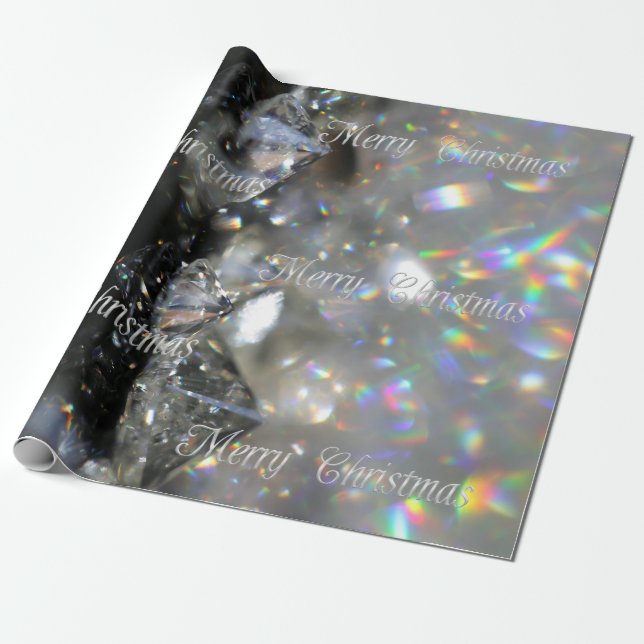 Silver Merry Christmas Text Shiny Diamonds Black Wrapping Paper (Unrolled)