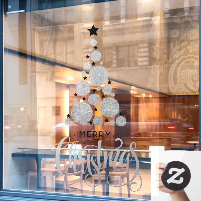 Silver Merry Christmas Tree Stars Holiday Window Cling (Cafe Window)