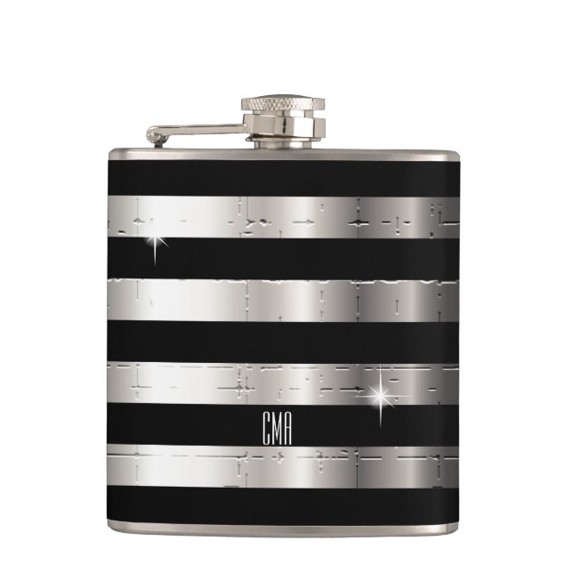 Silver Metal & Black Stripe | DIY Monogram Hip Flask (Front)