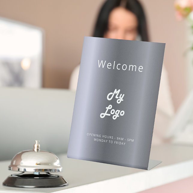 Silver metal business logo welcome pedestal sign (Creator Uploaded)