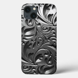 Silver metal engraved look abstract grey steel iPhone 13 case