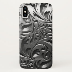 Silver metal engraved look abstract grey steel iPhone x case