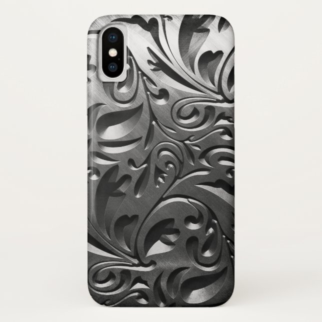 Silver metal engraved look abstract grey steel Case-Mate iPhone case (Back)
