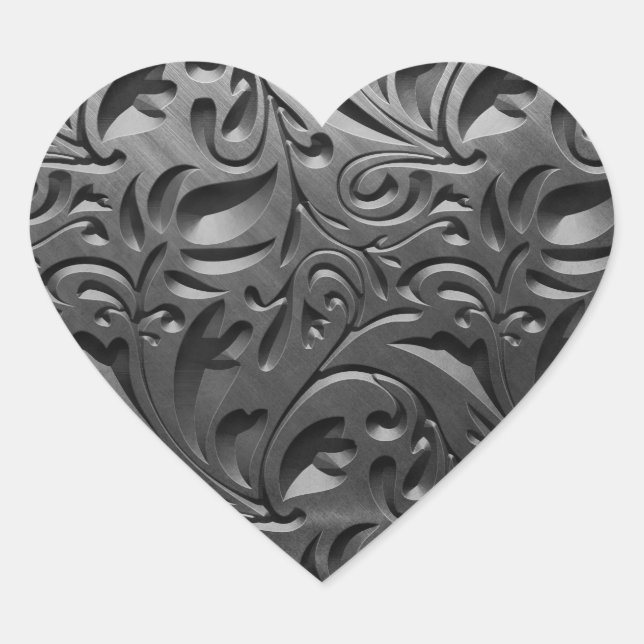 Silver metal engraved look abstract grey steel heart sticker (Front)