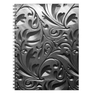 Silver metal engraved look abstract grey steel notebook
