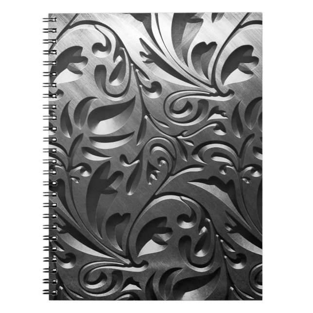 Silver metal engraved look abstract grey steel notebook (Front)