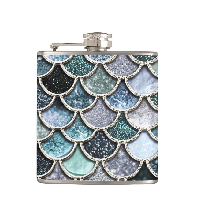 Silver Metal Foil Glitter Mermaidscales Scales Hip Flask (Front)