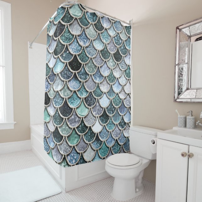 Silver Metal Foil Glitter Mermaidscales Scales Shower Curtain (In Situ)