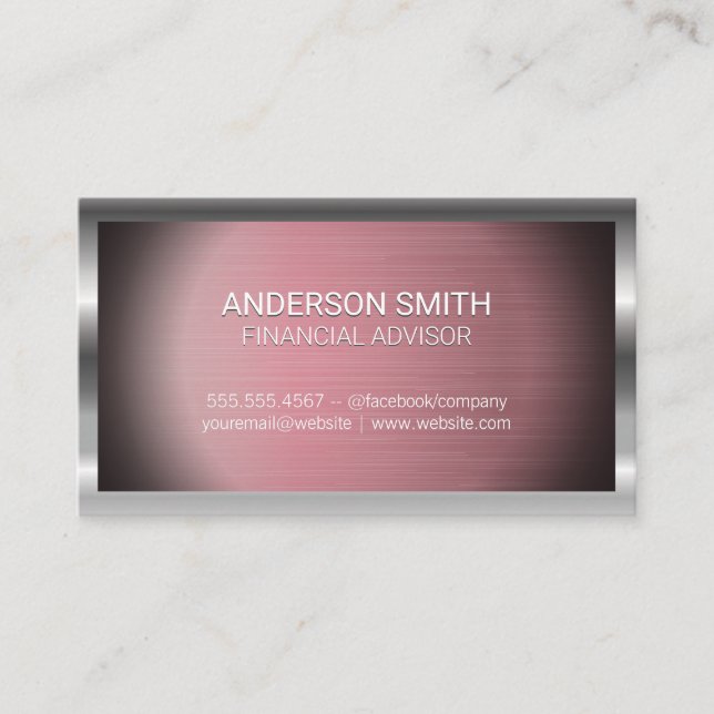 Silver Metal Frame | Pink Metal Background Business Card (Front)
