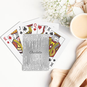Silver metal glitter drips monogram name script  playing cards